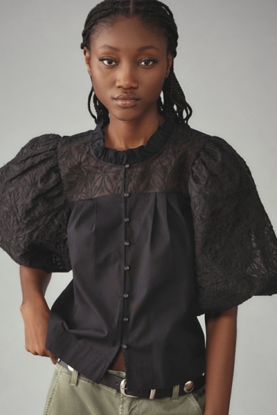 Puff-Sleeve Embellished Button-Front Blouse | Nuuly