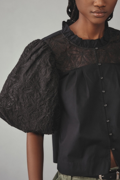 Puff-Sleeve Embellished Button-Front Blouse | Nuuly