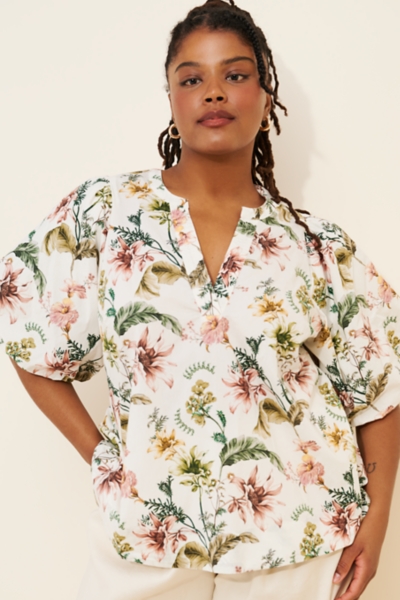 V-Neck Puff-Sleeve Popover Blouse | Nuuly