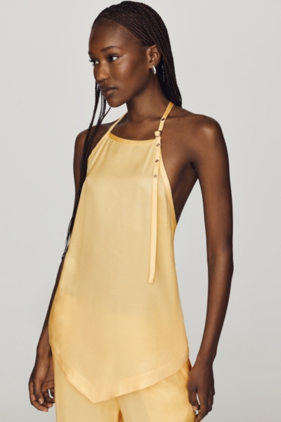 新作overdueflair STRAP HALTER TOP Silky Halter Buckle Strap Top 