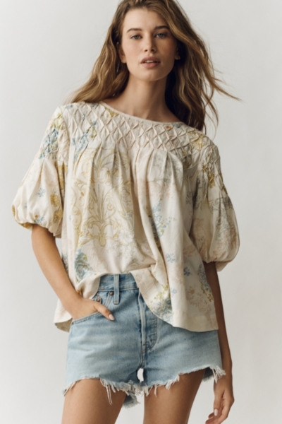 The Liza Puff-Sleeve Smocked Linen Top | Nuuly