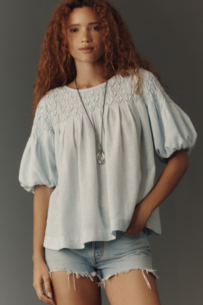 The Liza Puff-Sleeve Smocked Linen Top | Nuuly