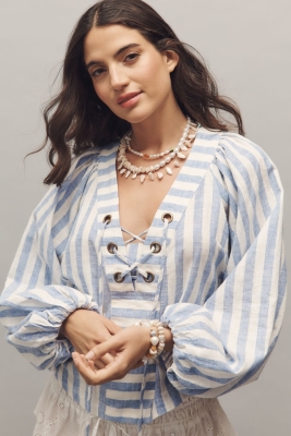 Linen Dolman Lace-Up Blouse