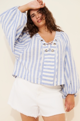 Linen Dolman Lace-Up Blouse