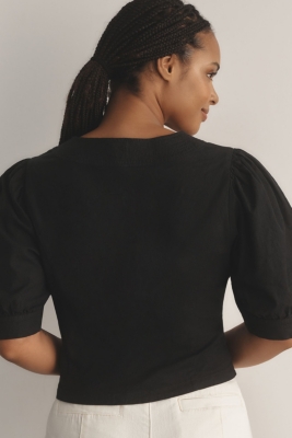 Puff-Sleeve Scoop-Neck Linen Top