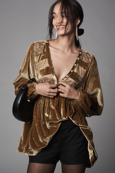 Long-Sleeve Velvet Lace Babydoll Top | Nuuly