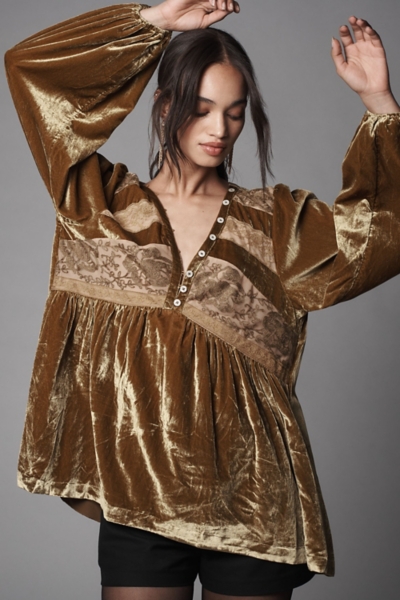 Long-Sleeve Velvet Lace Babydoll Top | Nuuly