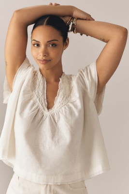 Short-Sleeve Smocked Linen-Blend Blouse | Nuuly