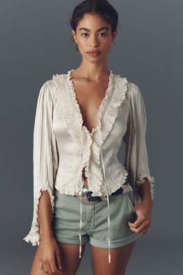 Long-Sleeve Ruffled Tie-Front Top