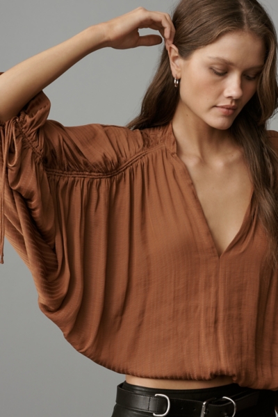 【mame】Draped Sleeves Komon Tops - brown Draped Asymmetric Top (TP03T2PK240-ROSEWOOD)