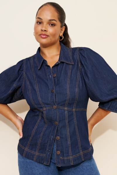 Puff-Sleeve Denim Buttondown Shirt | Nuuly