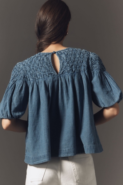 The Liza Smocked Puff-Sleeve Denim Blouse | Nuuly