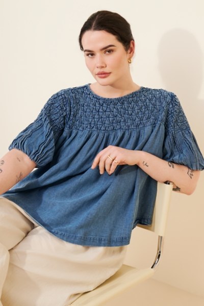 The Liza Smocked Puff-Sleeve Denim Blouse | Nuuly