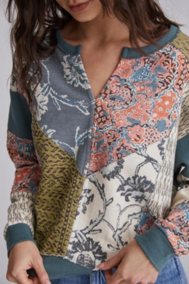 Patchwork Split-Neck Sweatshirt