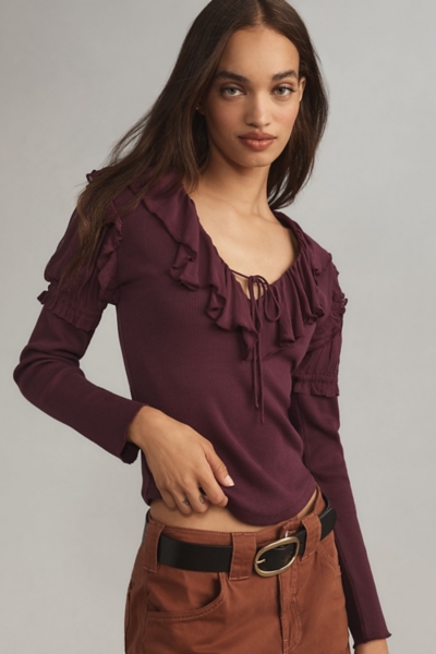 Noble Hands Ruffle Neck Short-Sleeve Crop Top - Rust