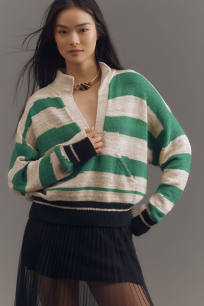 Plunging V-Neck Rugby Stripe Collared Pullover Swe | Nuuly