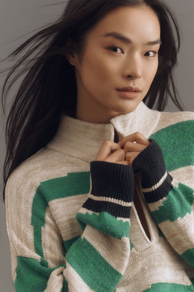 Plunging V-Neck Rugby Stripe Collared Pullover Swe | Nuuly