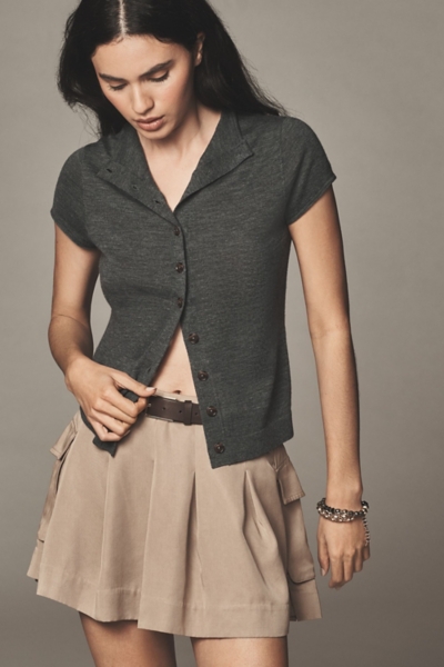 Merino Wool Mock-Neck Short-Sleeve Cardigan Sweate | Nuuly
