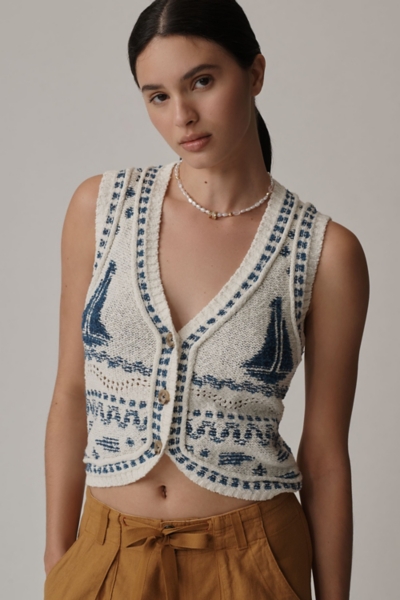 V-Neck Sailboat Motif Cardigan Sweater Vest | Nuuly