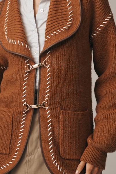 Collared Vegan Leather Trimmed Cardigan | Nuuly