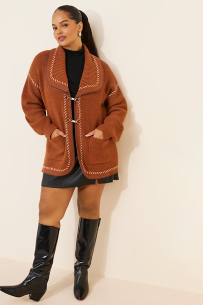 Collared Vegan Leather Trimmed Cardigan | Nuuly