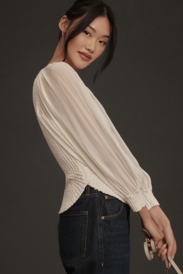 Sheer Long-Sleeve V-Neck Sweater