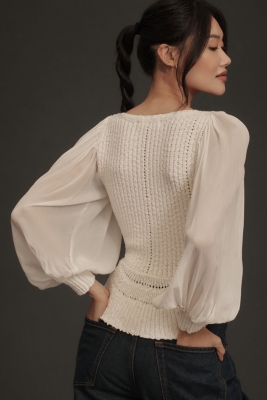 Sheer Long-Sleeve V-Neck Sweater