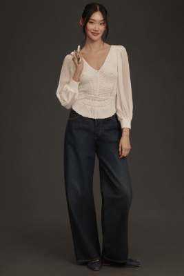 Sheer Long-Sleeve V-Neck Sweater