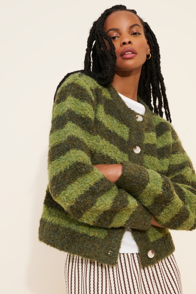 Crew-Neck Stripe Bouclé Cardigan Sweater | Nuuly