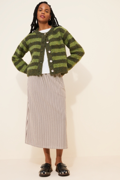 Crew-Neck Stripe Bouclé Cardigan Sweater | Nuuly