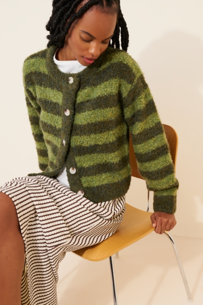 Crew-Neck Stripe Bouclé Cardigan Sweater | Nuuly
