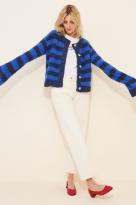 Crew-Neck Stripe Bouclé Cardigan Sweater | Nuuly