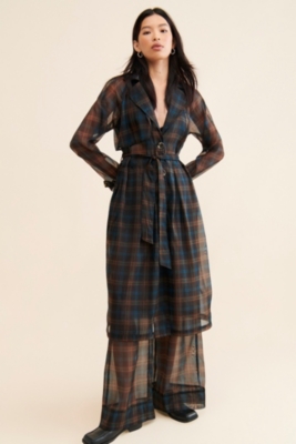 Sheer Plaid Trench Coat