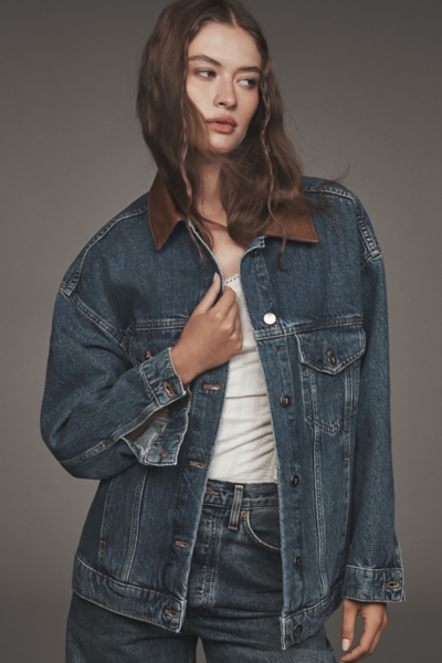 The Weston Vegan Leather Collar Denim Jacket | Nuuly