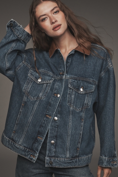 The Weston Vegan Leather Collar Denim Jacket | Nuuly