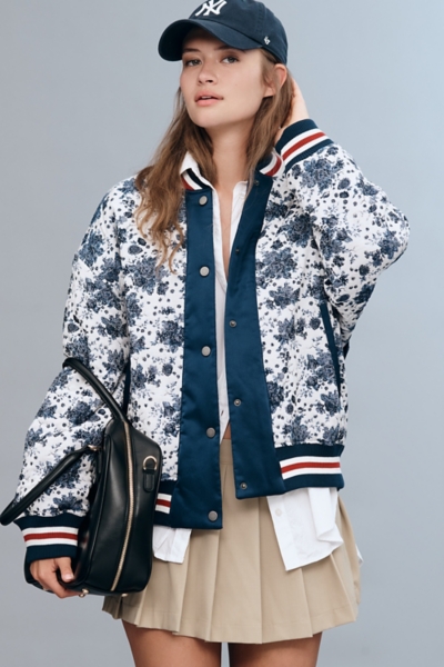Long Puff Sleeve Floral Metallic Jacquard Bomber Jacket - Silver