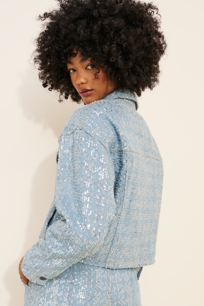 white christmas dresses Raw Hem Button Up Long Sleeve Denim Jacket with Sequin Pockets – Charming  Charlie