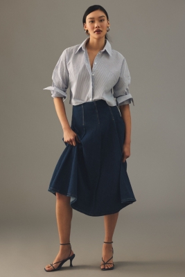 【U LAN】denim pleats detachable skirt pants DENIM TROMPE L`OEIL PLEATS LONG SKIRT apa766w(BLUE