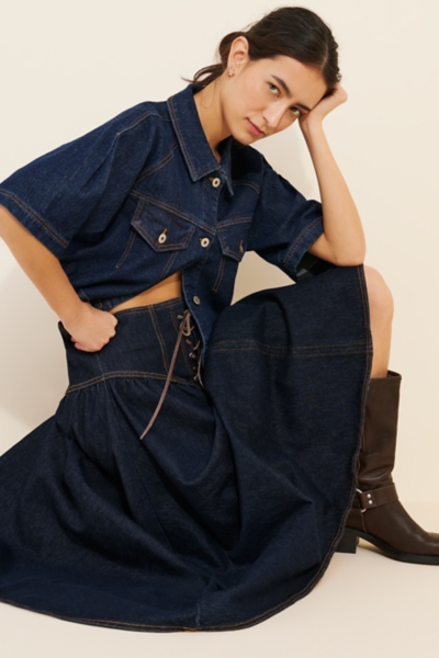Denim Lace-Up Drop Waist Midi Skirt | Nuuly