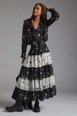 【NONCODE】Hoaen Unbal Tiered Skirt No Boundaries Juniors Tiered Woven Maxi Skirt, Sizes XS-XXXL