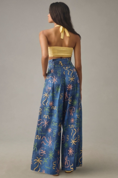 Linen Tropical Printed Wide-Leg Pants