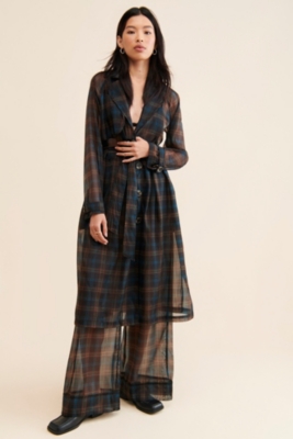 Sheer Plaid Wide-Leg Trousers