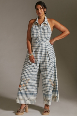 Anthropologie A+ Wide Leg Picnic Jumpsuit 22W NWT Plus good Size Plaid Embroidery