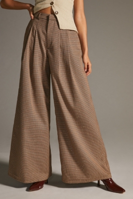 Pleated Wide-Leg Houndstooth Trousers