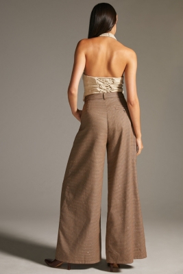 Pleated Wide-Leg Houndstooth Trousers