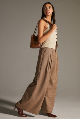 Pleated Wide-Leg Houndstooth Trousers