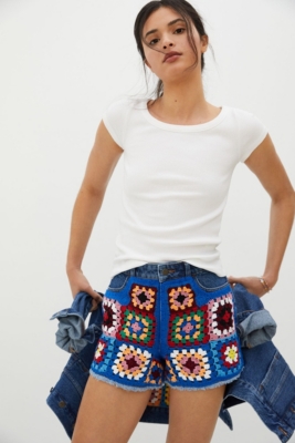 FARM RIO Crochet-paneled denim shorts