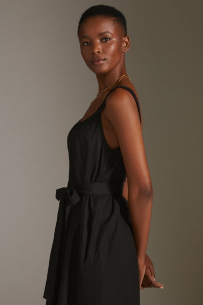 chinese dress ladies LINEN | BLACK | SLEEVELESS | SHIRT DRESS | BUTTON DOWN | BELTED | MIDI