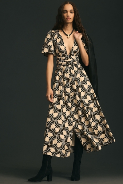 V-Neck Puff-Sleeve Midi Dress | Nuuly