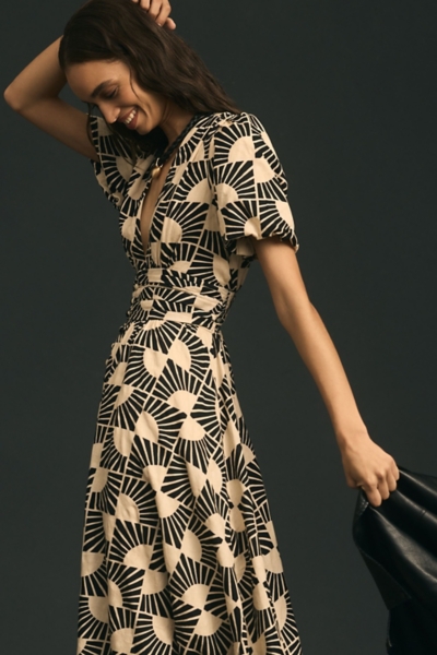 v neck puff sleeve midi dress V-Neck Puff-Sleeve Midi Dress
